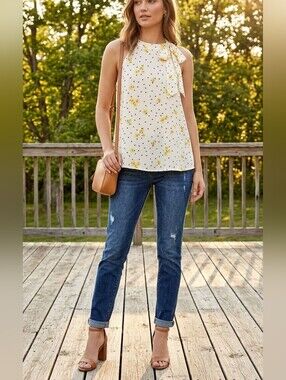 Polka Dot & Floral Halter Blouse with Neck Tie Bow